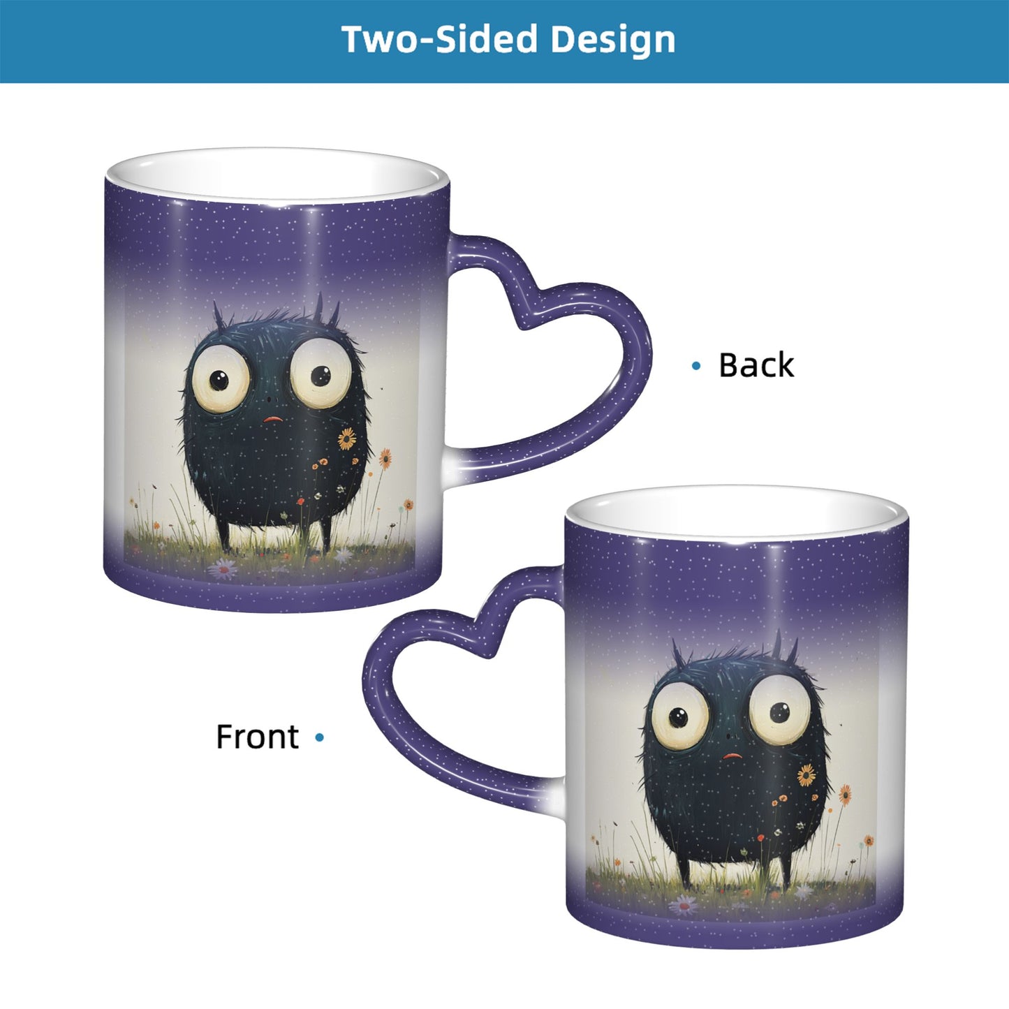 Cute Furry Monster Color Changing Mug – Purple Heart Handle Ceramic Cup with Heat Sensitive Ink