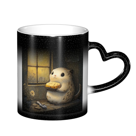 Hamster at Window Color Changing Mug – Black Heart Handle Ceramic Cup with Heat Sensitive Ink