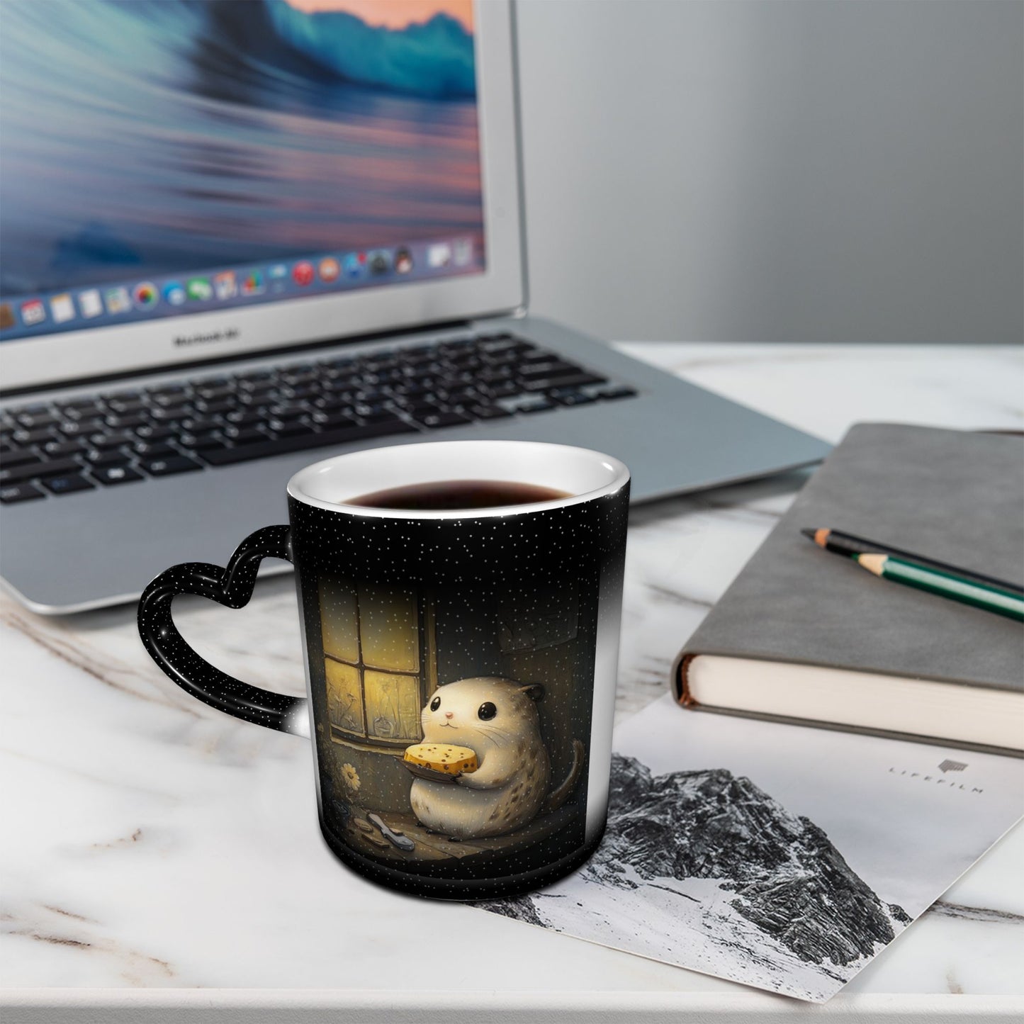 Hamster at Window Color Changing Mug – Black Heart Handle Ceramic Cup with Heat Sensitive Ink